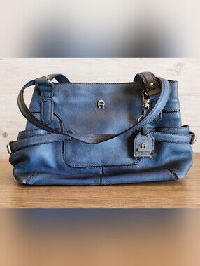 Etienne Aigner Blue Pebbled Leather Shoulder Tote Purse Side Pockets